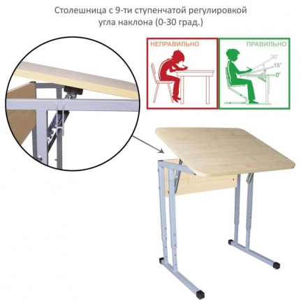 Стол ученический с регулируемой высотой с переменным наклоном крышки (столешницы) одноместный на металлическом каркасе